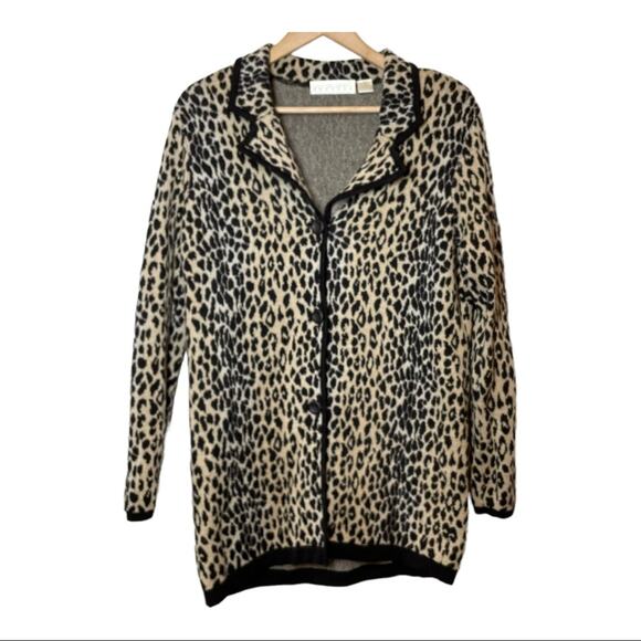 Dana Buchman Wool Leopard Animal Print Cardigan Sweater Medium mob wife - Picture 1 of 5